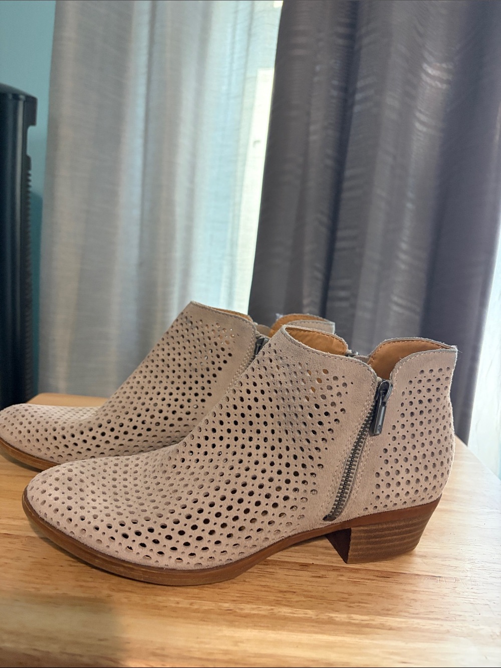 Lucky Brand Perforated Suede Ankle Bootie in Light Taupe